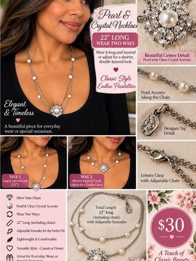 Pearl & Crystal Necklace - Silver-Tone, 22" Long
